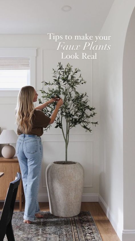 Faux Olive Tree Styling, Olive Tree In Bathroom, Olive Tree Faux, Best Faux Olive Tree Indoor, Feminine Rustic Decor, Olive Tree Dining Room, Olive Tree Decoration, Faux Olive Tree Living Room, Living Room Tree Decor