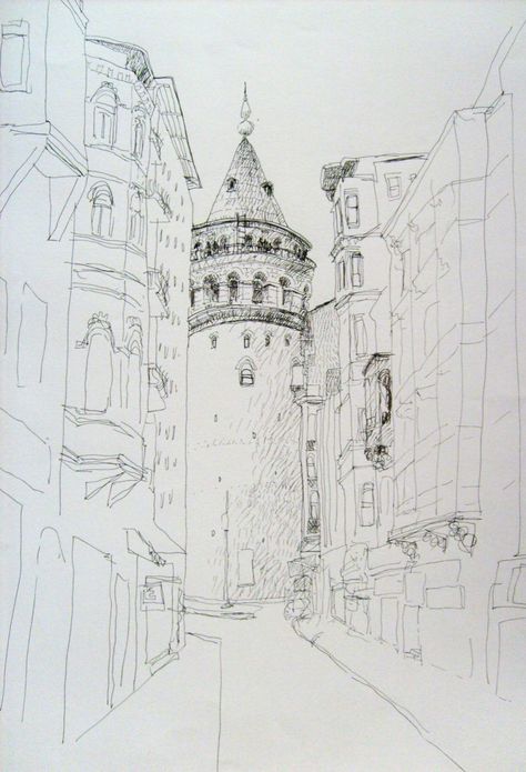 Galata Tower Sketch, Istanbul Sketch Drawings, Istanbul Sketch, Istanbul Drawing, Galata Tower Istanbul, Window Sketch, Landscape Drawing Easy, Istanbul Art, Perspective Sketch