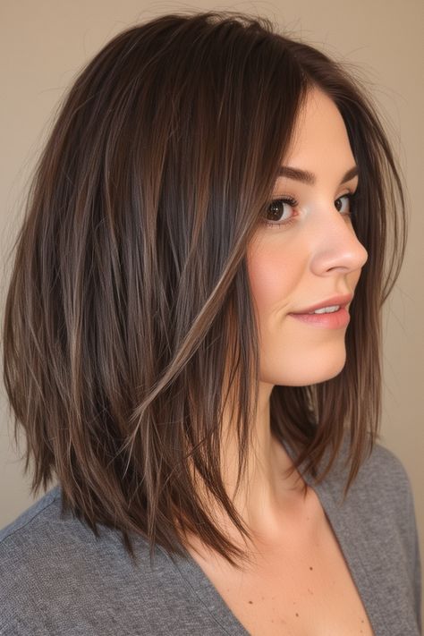 45 Layered Lob Haircuts  - Stylish Hair Ideas Texturized Ends Hair, A Line Lob Straight Hair, Angled Bob With Layers Texture, Past Shoulders Haircut, Trendy Hair Cuts 2024 Long, Slight A Line Haircut, The Chanel Haircut, Long Bob Stacked In Back, Shoulder Length Hair With Textured Layers