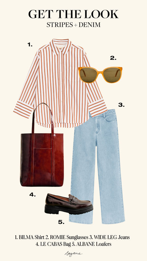 Recreate this effortless Parisian style with Sézane’s Bilma striped shirt, paired perfectly with wide-leg jeans and classic Albane loafers. Complete the look with The Tote in Mahogany and Romie sunglasses for a chic, timeless ensemble. Check out this French-inspired outfit and more at sezane.com or via the app. Sezane Outfit, Parisian Style Fall, French Inspired Outfits, Parisian Style Outfit, Wide Leg Jeans Outfit, Outfit Formulas, French Inspired, Modern Outfits, Outfit Idea