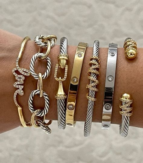 Classy Bracelets, Silver And Gold Bracelet, Xoxo Jewelry, Gold Bracelets Stacked, Bracelet Stacks, Luxe Jewelry, Casual Jewelry, Dope Jewelry, Jewelry Fashion Trends