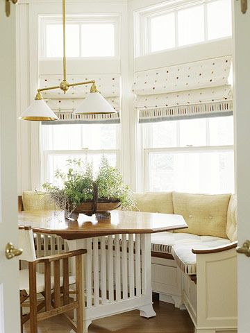 Octagon tables are so neat looking and I love the little armrest on the end of the bench. I don't think it would work well in our space though. Seating In Kitchen, Kitchen Bay Window, Window Seat Kitchen, Banquette Seating In Kitchen, Bay Window Seat, Window Nook, Kitchen Table Makeover, Kitchen Breakfast Nooks, Kitchen Banquette