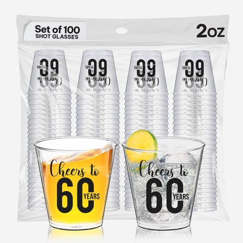 PRICES MAY VARY. Fun 60th Birthday Decorations: Win over everybody’s attention and say 'Cheers To 60 years' with our shot glasses perfect for the oldie's 60th party favors. This set of 100 sleek glasses, each holding 2 oz, ensures every guest can toast to your special milestone in style. High-Quality Prints: Discover our 'Cheers To 60 Years' shot glasses, boasting crystal-clear design and durable prints. Each glass features a charming "Cheers To 60 Years" caption on both sides, ensuring lasting Silver 60th Birthday Decorations, 60th Birthday Decorations For Men, 60th Party Favors, 60th Birthday Party Favors, 60th Birthday Favors, Cheers To 60 Years, Birthday Shot Glasses, Halloween Glasses, 60th Birthday Party Decorations