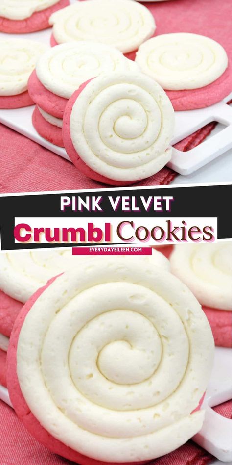 Valentines Day Crumble Cookies, Pink Velvet Crumbl Cookies, Pink Velvet Cookies Crumble, Valentine Crumbl Cookie, Pink Velvet Cookies Recipe, Pink Velvet Crumble Cookie Recipe, Crumbl Christmas Flavors, Pink Velvet Brownies, Pink Velvet Cookie Recipe