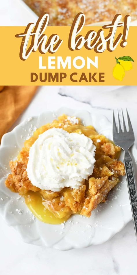 Easy Lemon Dump Cake. This easy and delicious lemon dump cake is the perfect dessert for a busy weeknight or any time you're craving something sweet and tart. It's made with just a few simple ingredients, and it comes together in just a matter of minutes. The cake is soft and fluffy, with a tart and refreshing lemon flavor that is sure to please everyone. #dumpcake #lemondumpcake #lemondesserts #lemoncakemix #cakemixrecipes via @savvysavingcoup Lemon Dump Cake, Lemon Dump Cake Recipe, Berry Bread, Easy Dump Cake Recipe, Old Fashioned Bread Pudding, Dump Cake Recipe, Dump Cakes, Lemon Dessert, Tasty Desserts