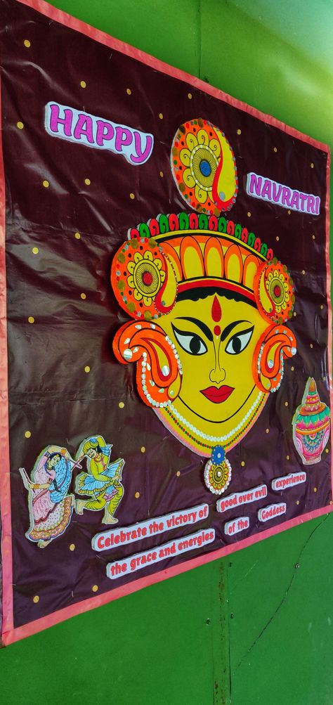 Garba Decoration For School, Navaratri Board Decoration Ideas, Board Decoration For Navratri, Navratri School Decoration, Navratri Chart Ideas For School, Dashain Decoration In School, Navratri Decoration Ideas For Office, Navratri Mandir Decoration Ideas At Home Easy, Navratri Decoration Ideas For College