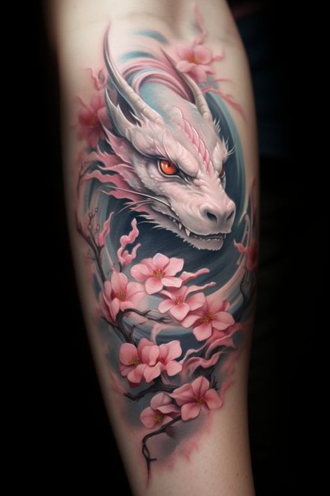 Tattoo gentle dragon with flowers in color realism on female forearm Pink Dragon Tattoo For Women, Pink Dragon Tattoo, Dragon And Flower Tattoo, White Dragon Tattoo, Pasta Tattoo, Dragon Tattoo With Flowers, Plant Dragon, Dragon Head Tattoo, Dragon Tattoo Art