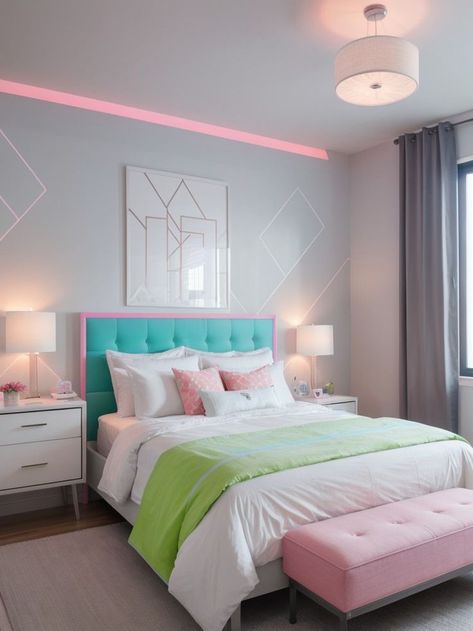 Create a trendy gen z bedroom aesthetic by incorporating neon lights and geometric patterns. Mix and match pastel colors with tech-inspired decor elements like a digital alarm clock and a stylish desk for a modern touch. Gen Z Bedroom, Stylish Desk, Bedroom Style, Decor Elements, Gen Z, Bedroom Aesthetic, Neon Lights, Bedroom Styles, Digital Alarm Clock