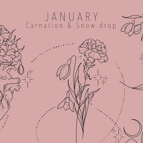 Capricorn Tattoo For Women Flowers, Snow Drop And Rose Tattoo, Jan Birth Flower Tattoo, Capricorn Birth Flower Tattoo, Snowdrop Carnation Tattoo, Snow Drop And Carnation Tattoo, Carnations And Snowdrops Tattoo, Carnation And Snow Drop Flower Tattoo, January Flower Tattoo Birth Month