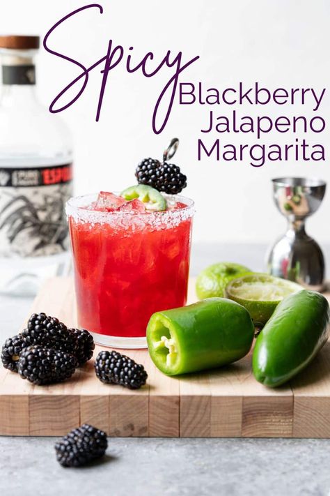 A delicious margarita made with fresh blackberries and silver tequila, a little jalapeno is added to give it a kick of heat. Spicy Blackberry Margarita, Blackberry Margarita Recipe, Cucumber Margarita, Blackberry Margarita, Cranberry Jalapeño, Classic Margarita Recipe, Tequila Recipe, Margarita On The Rocks, Jalapeno Margarita