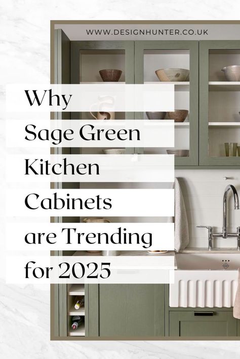 Sage green kitchen cabinets with glass-panelled doors, white marble countertops, and a farmhouse sink. Handles For Green Kitchen Cabinets, Green And Charcoal Kitchen, Grey Green Kitchen Cabinets Paint Colors, French Green Kitchen Cabinets, Kitchen Units Ideas Modern, Backsplash With Sage Cabinets, Modern Green Kitchen Cabinets, Best Greens For Kitchen Cabinets, Army Green Cabinets