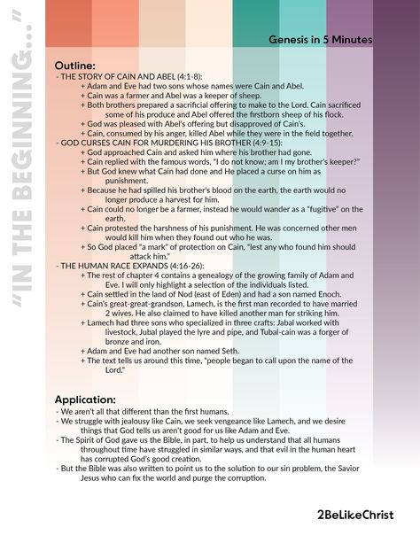 Genesis 4 Summary - 5 Minute Bible Study — 2BeLikeChrist Genesis 2 Bible Journaling, Genesis 4, Cain And Abel, Chapter Summary, Genesis 2, Book Of Genesis, Let Go And Let God, Adam And Eve, Let God