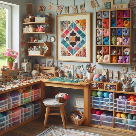 Craft Room Ideas For Adults, Yarn Craft Room Ideas, Small Craft Corner Ideas, Craft Room Flooring Ideas, Coloring Supplies Organization, Organizing Craft Room Ideas, Bedroom Craft Room Combo Small Spaces, Craft Room Crochet, Maximalist Craft Room