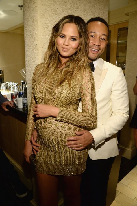 Pin for Later: Stars Suit Up and Hit the Stage to Pay Tribute to Frank Sinatra  Pictured: John Legend and Chrissy Teigen Maternity Concert Outfit, Chrissy Teigen Pregnancy Style, John Legend And Chrissy Teigen, Chrissy Teigen John Legend, Gold Embroidered Dress, Christine Teigen, Chic Maternity, Maternity Chic, Pregnancy Style