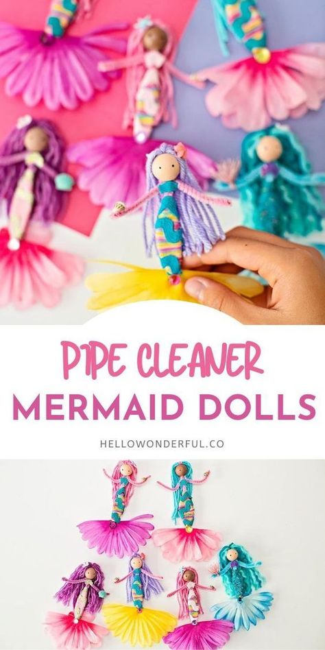 Mermaid Theme Crafts, Mermaid Dolls Diy How To Make, Mermaid Yarn Doll, Mermaid Dolls Diy, Mermaid Gifts For Kids, Crafts With Pipe Cleaners For Kids, Crafts For Girls Age 5-8, Fairy Crafts Kids, Doll Crafts For Kids