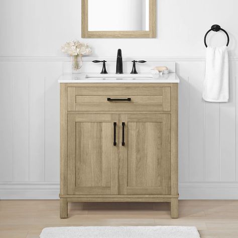 Style Selections Burke 30-in Natural Oak Undermount Single Sink Bathroom Vanity with White Engineered Stone Top in the Bathroom Vanities with Tops department at Lowes.com Lowes Bathroom Vanity, Natural Wood Bathroom Vanity, Removable Backsplash, 30 Inch Bathroom Vanity, Engineered Stone Countertops, Oak Bathroom Vanity, 30 Bathroom Vanity, Oak Bathroom, Wood Bathroom Vanity