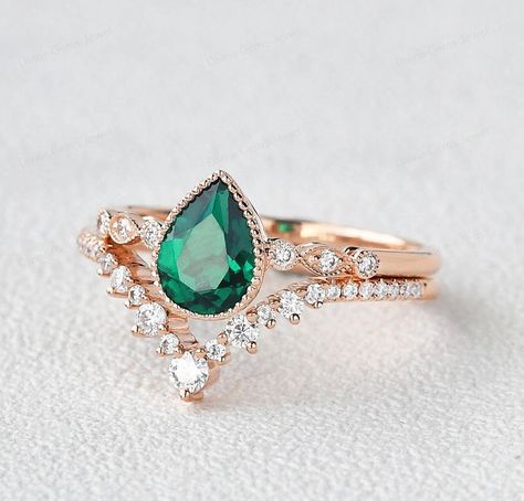 Emerald Engagement Ring Set 14k Rose Gold Ring Lab Grown Pear | Etsy Engagement Rings Emerald, Rings Emerald, Emerald Engagement Ring Set, Vintage Gold Engagement Rings, Rose Gold Ring Set, Holy Matrimony, Emerald Wedding Rings, Bezel Set Ring, Beaded Ring