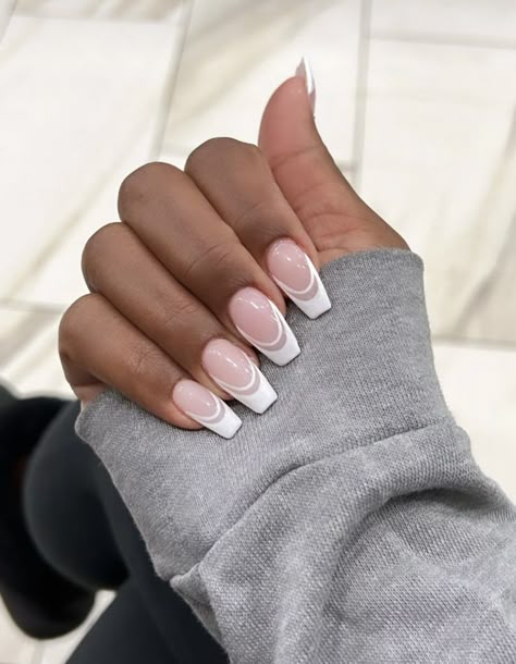 Square Oval Acrylic Nails Medium, Soft Pink Acrylic Nails With Design, Nails For Senior Pictures, Senior Picture Nails Ideas, Ballerina French Tip Nails, Senior Nails Ideas, Deb Nails, White On White French Manicure, Senior Picture Nails