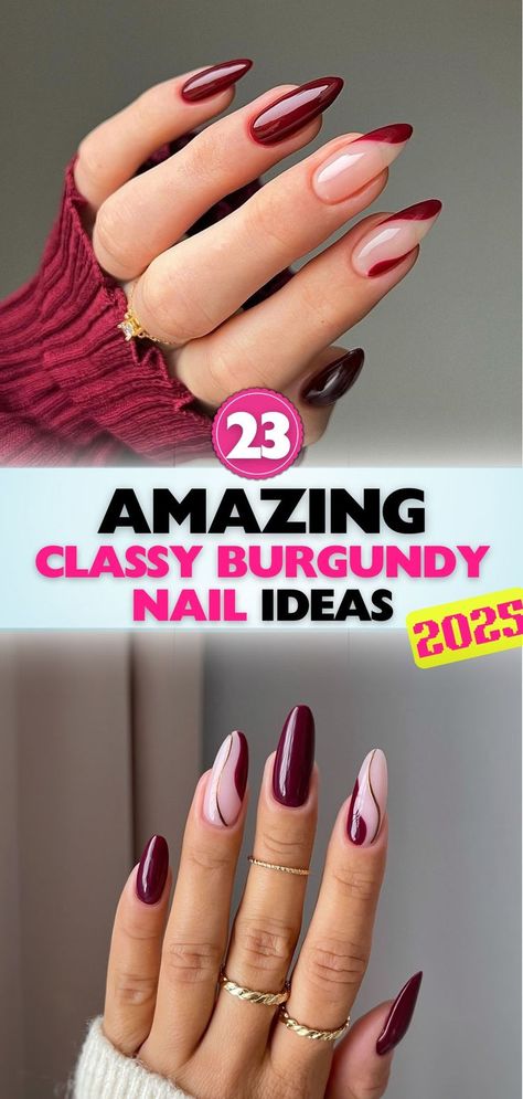 Discover classy burgundy nail ideas that combine rich colors with modern designs, offering a chic and timeless look for any outfit or event. Burgundy And White Nail Designs, Burgundy Swirl Nails, Classy Burgundy Nails, Round Burgundy Nails, Maroon Ombre Nails Burgundy, Burgundy Nail Tips, Burgundy Nails French Tips, Burgundy Almond Nails Design, Burgundy And Gold Nail Designs