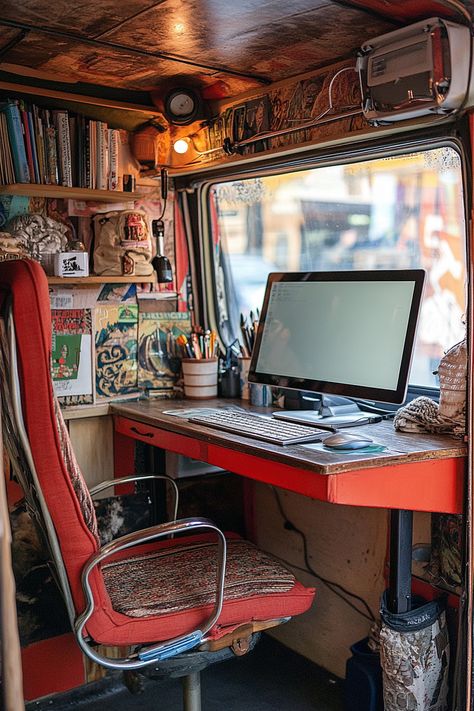 Rv Office Conversion, Dystopian House, Van Living Conversion, Camper Office, Van Conversion Ideas, Van Life Interior, Van Office, Modern Mobile Homes, Camper Car