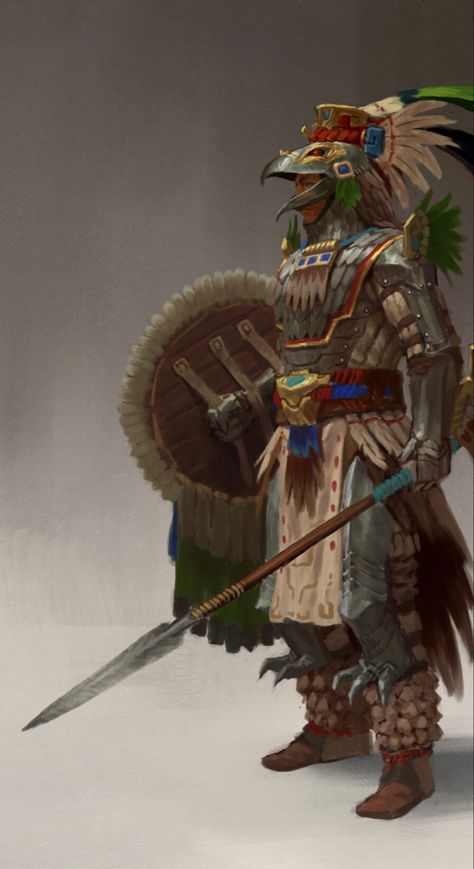 Native American Armor Art, Aztec Soldier, Aztec Monster, Aztec Spear, Aztec Shield, Fantasy Aztec, Jaguar Warrior, Aztec Armor, Aztec Artwork