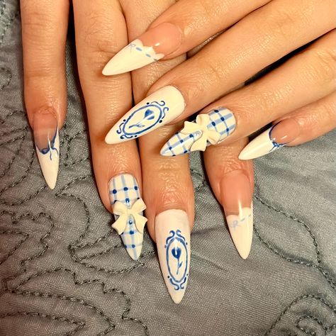 #bluenails #blue #farmgirl #farmgirlvintage #spanishtile #coquette #bluecoquette #plaidnails #bow #bownails #aesthetic #gingham #ginghamtrend #nail #naildesign #nailartideas #summernails #summer #springnaildesigns #spring #tulipnailart #tulips #blueandwhite Blue And White Nails Coffin, Dorothy Nails, Blue Bow Nails, Gingham Nails, Red Nail Designs, Farm Girl, Nails Inspo, Blue Gingham, Blue Bow