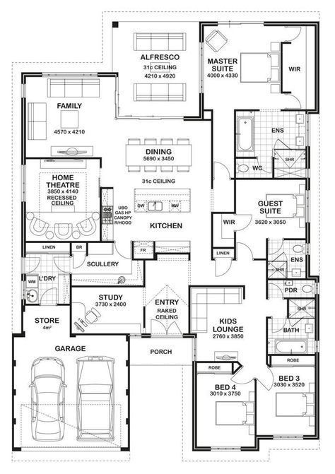 Dröm Hus Planer, Design Floor Plans, Three Bedroom House, 4 Bedroom House Plans, Home Design Floor Plans, House Layout Plans, Minecraft World, Bathroom Guest, Houses Plans