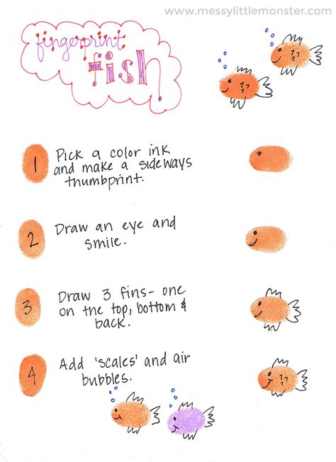 Ocean Theme Thumbprint Animals - fingerprint fish craft instructions Fish Thumbprint Art, Fingerprint Characters, Matilda Crafts, Thumbprint Animals, Fingerprint Fish, Fingerprint Animals, Finger Doodles, Fingerprint Activities, Craft Fish