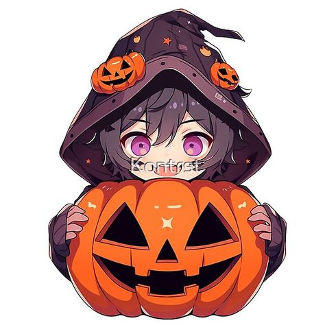 This cute chibi anime boy sticker wears a purple hood and robe while holding a giant jack o'lantern pumpkin. His vibrant purple eyes give him an endearing look. Perfect for Halloween trick or treating and decorating with kawaii style! Printed on durable, w Anime Jack O Lantern, Anime Halloween Pumpkin, Holding Pumpkin Pose, Pumpkin Anime, Anime Pumpkin, Chibi Halloween, Halloween Trick Or Treating, Dulces Halloween, Lantern Art