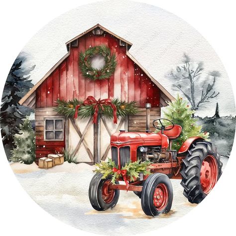 Country Christmas Scenes, Christmas Tractor Painting, Farmhouse Christmas Pictures, Barn Christmas Photoshoot, Christmas Tractor, Christmas Barn, Xmas Pictures, Christmas Red Truck, Christmas Decorations Wreaths