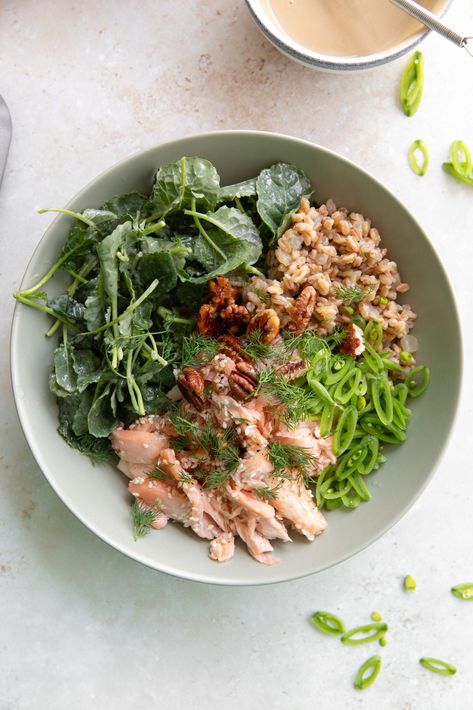 salmon farro bowl Farro Bowl Recipe, Honey Pecans, The Palatable Life, Farro Bowl, Palatable Life, Snap Pea Salad, Lamb Ragu, Clean Meal Prep, Harissa Chicken