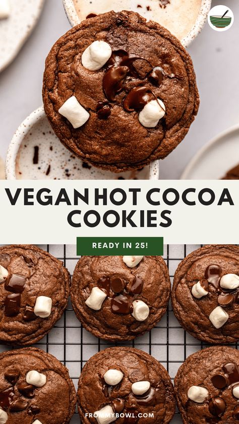 These Hot Cocoa Cookies are stuffed with a double dose of chocolate and fluffy marshmallows. They're the perfect cookies to share with loved ones this holiday season! Vegan, Gluten-Free option. Gluten Free Hot Chocolate, Fluffy Marshmallows, Gluten Free Holiday Cookies, Vegan Chocolate Cookies, Hot Cocoa Cookies, Vegan Hot Chocolate, Perfect Cookies, Vegan Ideas, Plantbased Recipes