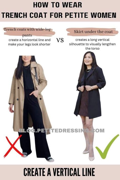 Trench Coats for Petites: 7 Steps to Find the Best Petite Trench Coat Winter Outfits For Petite Women, Outfit For Short Women, Gypsycore Fashion, Short Coat Outfit, Petite Women Outfits, Petite Winter Coats, Trench Coat Outfit Spring, Petite Girl Outfits, Colourful Blouse