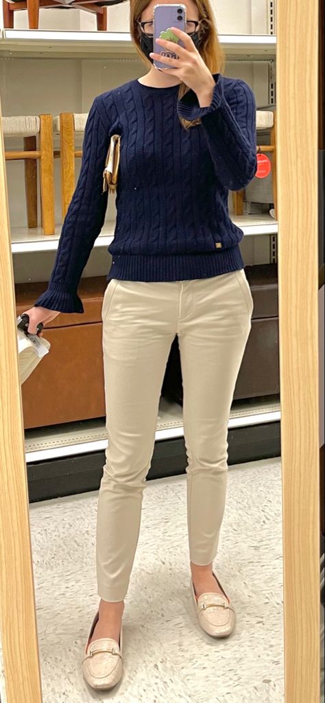 Ralph lauren navy blue cable knit sweater crewneck long sleeve, khaki work pants skinny dress pants ann taylor petite, white loafers justfab, clinical rotation outfit Sweater Work Outfit, Khaki Pants Outfit Women, Chinos Women Outfit, Khaki Work Pants, Khaki Pants Outfit, Pants Outfit Work, Dress Pants Outfits, Blue Cable Knit Sweater, Knit Sweater Outfit