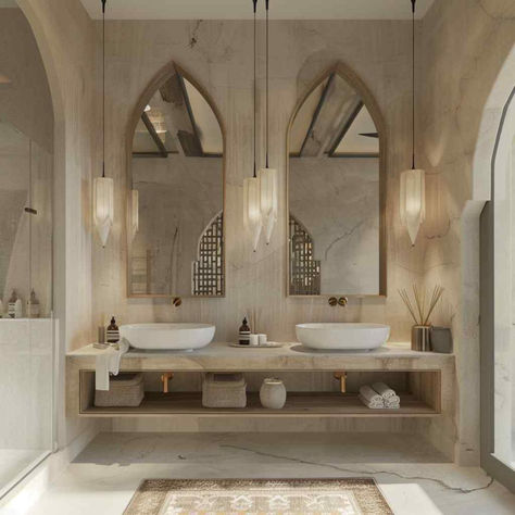 31 Elegant Bathroom Designs with Boho Warmth Influences in Contemporary Settings Stone Sink Bathroom Modern, Tall Mirror In Bathroom, Makeup Area In Bathroom, Dual Sink Bathroom Ideas, Bathroom Vanity Countertop Ideas, Dual Vanity Bathroom Ideas, Floating Sink Bathroom, Floating Vanity Bathroom, Floating Vanities