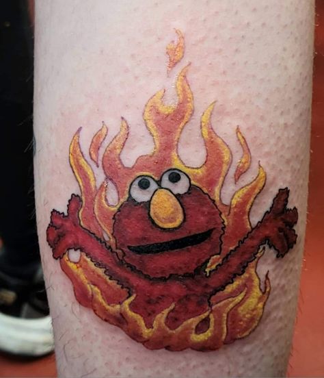 Elmo Tattoo Ideas, Elmo Tattoo, Elmo Fire, Elm Street Tattoo, Personal Tattoos, Fire Gif, Tattoo Time, Fire Tattoo, Time Tattoos