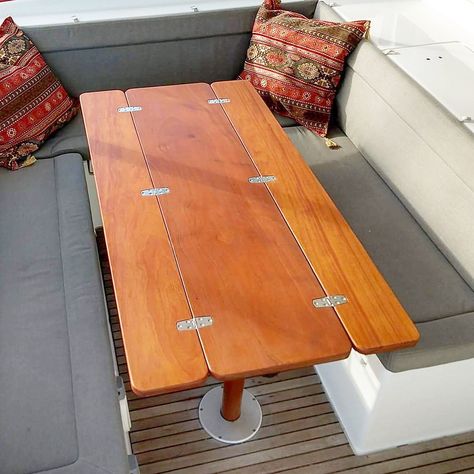 Folding boat table I made for a customer and flown out to Puerto Rico Boat Table Diy, Caravan Table, Mini Yacht, Rv Interior Design, Boat Table, Teardrop Caravan, Boat Interior Design, Folding Boat, Sailboat Interior