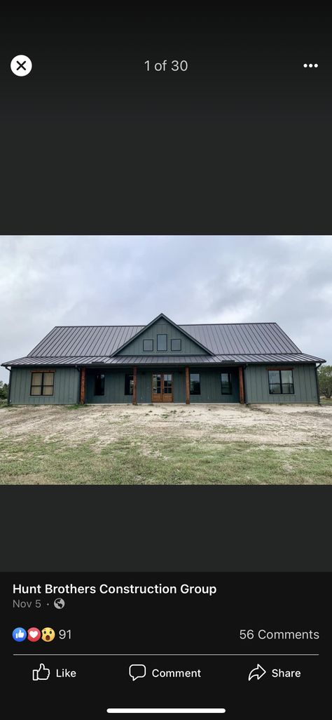 Slate Blue Barndominium Exterior, Charcoal Grey Barndominium, Charcoal And Black Metal Building, Charcoal And Black Barndominium, Green And Black Barndominium, Navy Blue Barndominium, Dark Grey Barndominium, Barndominium Exterior Colors Metal, Moody Barndominium