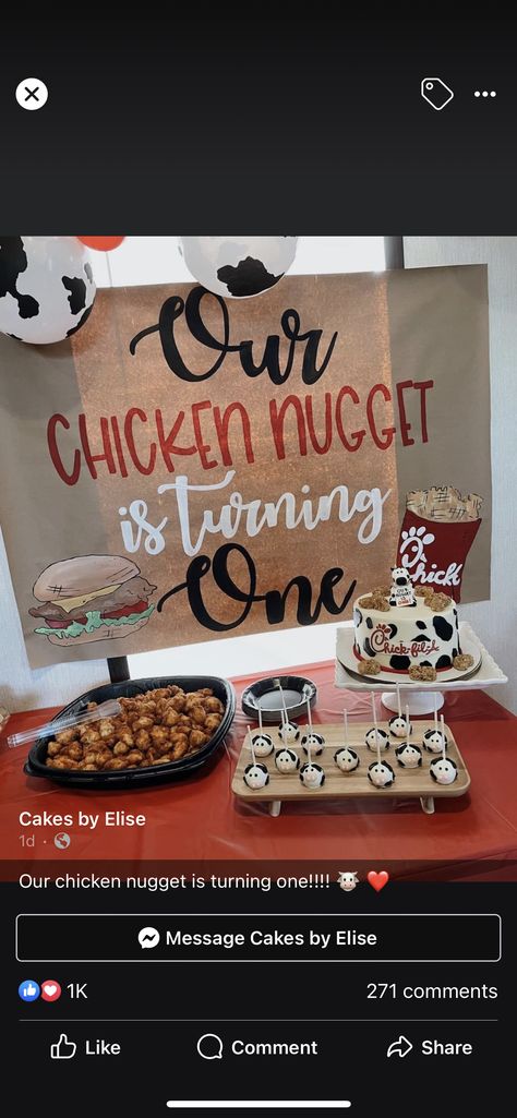 Our Little Nugget Is Turning One, Chic Fil A Themed 1st Birthday, Chick Fil A First Birthday Party, Chick Fil A Birthday Party Theme, Mia Outfits, Bday Themes, 1st Birthday Party Themes, Chicken Nugget, Baby Talk