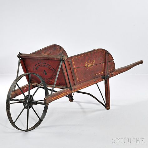 Sold at auction Red-painted Wheelbarrow Auction Number 2824T Lot Number 1487 | Skinner Auctioneers Painted Wheelbarrow, Wooden Wheelbarrow, Antique Wagon, Wheel Barrow, Wood Table Diy, Old Wagons, Wooden Wagon, Garden Cart, American Furniture