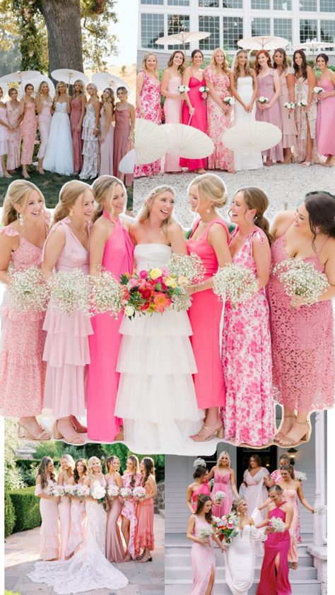 At least 3 solid colored dresses for 5 bridesmaids Multi Colored Bridesmaid Dresses Summer, Colorful Silk Bridesmaid Dresses, Bridesmaid Different Shades Of Pink, Spring Wedding Ideas Colors Bridesmaid Dresses, Mixed Matched Bridesmaids Dresses, Pink Floral Bridesmaid Dress, Pink Variety Bridesmaid Dresses, Peach And Pink Bridesmaid Dresses, Alternating Bridesmaid Dress Colors