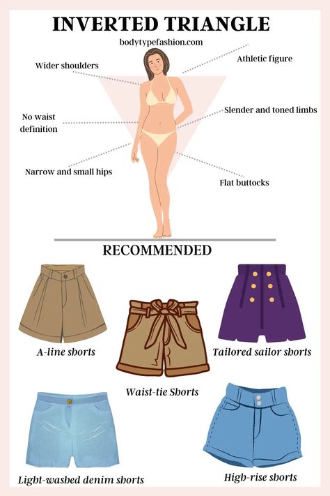 Best Shorts Styles for Inverted Triangle Body Shape - Fashion for Your Body Type Summer Outfit Inverted Triangle, Tips For Inverted Triangle Shape, Best Dress Style For Body Type Inverted Triangle, Inverted Triangle Outfits Shorts, Inverted Triangle Bottoms, Outfit Ideas For Inverted Triangle Body Shape, Bottoms For Inverted Triangle Shape, Inverted Triangle Shorts Outfit, Sleeves For Inverted Triangle Body Shape