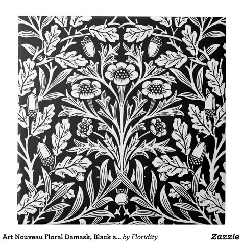 Art Nouveau Floral Damask, Black and White Tile Black And White Tile, Art Nouveau Interior, Black White Vintage, Art Nouveau Floral, Black And White Tiles, Flowers Black, Floral Damask, Interior Plants, Art Nouveau Design