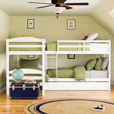 Andover Mills™ Baby & Kids Nevaeh Twin over Twin L-Shaped Bunk Beds with Trundle | Wayfair Bunk Beds With Trundle, L Shaped Beds, Beds With Trundle, Corner Bunk Beds, Bunk Beds Small Room, 4 Bunk Beds, L Shaped Bunk Beds, Bunk Bed Rooms, Adult Bunk Beds