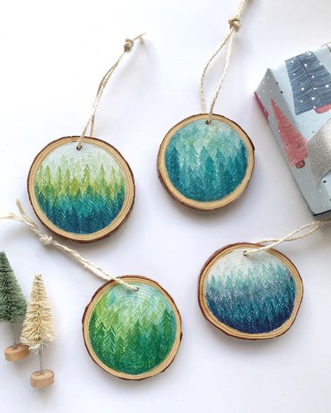 Christmas ornaments, hand painted, watercolor, wood slice, custom, wreath, trees, greenery, botanical, illustration. Janet Hirata Stall on Instagram: “This Small Business Saturday, I'm excited to offer watercolor ornaments! Three different designs with various color options: Forests,…” Watercolor Wood Slice Ornament, Watercolor Ornaments, Custom Wreath, Log Slice, Tree Slices, Watercolor On Wood, Painted Christmas Ornaments, Wood Slice Ornament, Small Business Saturday