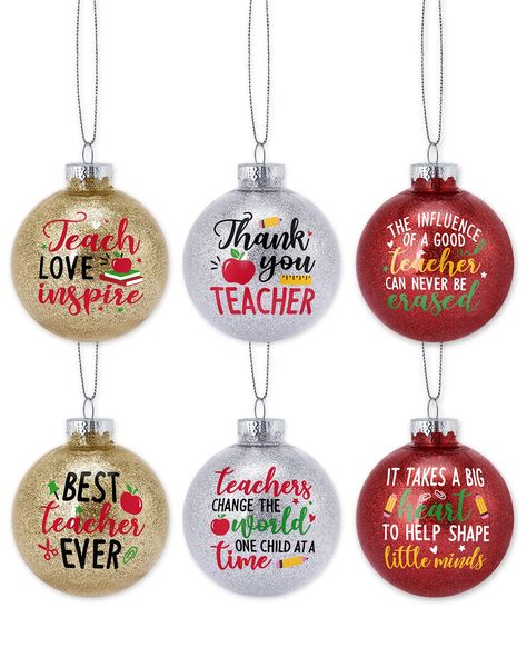 PRICES MAY VARY. Teacher Christmas Ornaments -- The package come with 6pcs teacher appreciation plastic ball ornaments, quipped with string. The ornament balls feature the sayings like ‘teach love inspire’, ‘best teacher ever, ‘thank you teacher’, ‘it takes a big heart to help shape little minds’, and so on. Shatterproof Material -- These hanging ball ornaments are made of high-quality plastic with vivid printing, which is lightweight but durable. Each ball is filled with red, gold, or silver gl Teacher Gift Diy Christmas, Teacher Christmas Gifts Diy Ornament, Cricut Christmas Projects Teacher Gifts, Homemade Ornaments For Teachers, Teacher Ornaments Cricut, Diy Christmas Ornaments For Teachers, Teacher Ornaments Diy Vinyl, Teacher Ornaments Diy, Xmas Crafts To Sell