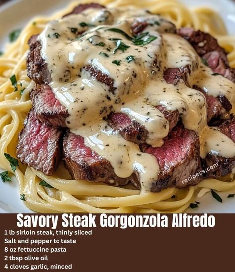 If you are in the mood for a rich and indulgent pasta dish that perfectly balances savory and creamy flavors, then Savory Steak Gorgonzola Alfredo with Creamy Dinner Ideas Steak Meals, Pasta Dinner Dishes, Steak And Fettuccine, Family Meal Dinner Ideas, Copycat Olive Garden Steak Gorgonzola Alfredo, Steak And Ravioli Dinners, Dinner Ideas Alfredo, Seven Steak Recipes, Steak Meal Recipes