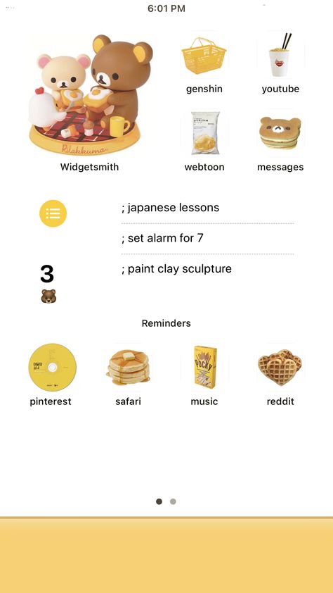 Yellow Homescreen Ideas, Rilakkuma Lockscreen, Yellow Iphone Homescreen, Yellow Phone Layout, Yellow Iphone Theme, Pompompurin Iphone Layout, Yellow Iphone Layout Homescreen, Yellow Iphone Layout, Rilakkuma Homescreen Layout