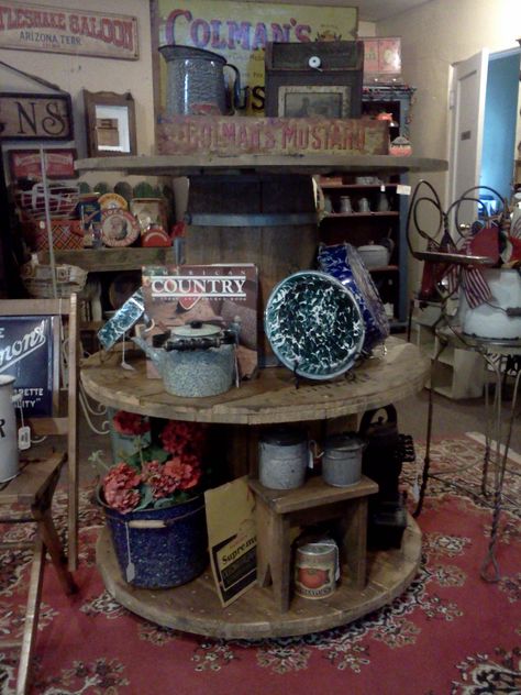 Large wooden spools for display shelves in my shop, Vintage Gal Antiques in Downieville, CA Antique Mall Booth Ideas, Large Wooden Spools, Wooden Cable Spools, Cable Spools, Spool Ideas, Vintage Booth Display, Antique Mall Booth, Vintage Booth, Spool Tables