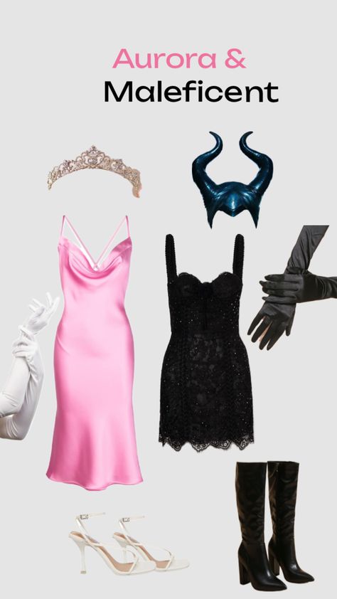 Maleficent Aroura Costume, Aura And Maleficent Costume, Maleficent And Aroura Costume, Malificiant And Aurora Costume, Aroura Halloween Costumes, Sleeping Beauty And Maleficent Costumes, Cosplay Duo Ideas, Maleficent And Aurora Costume, Maleficent Outfit